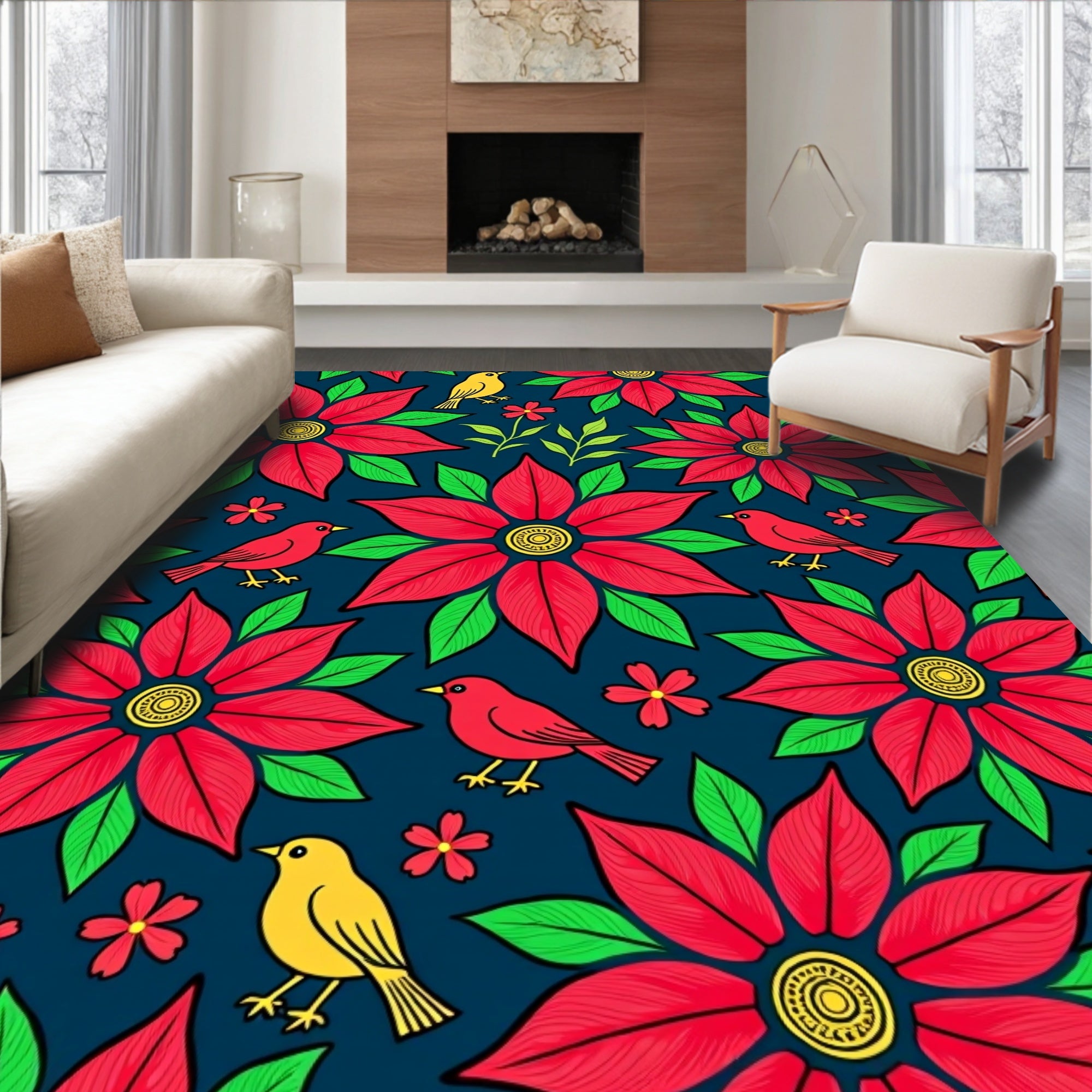 Vibrant Red Floral Bird Medallion Rug
