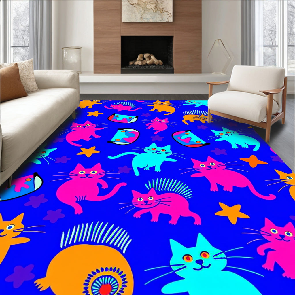 Vivid Blue Cartoon Cats Stars Rug