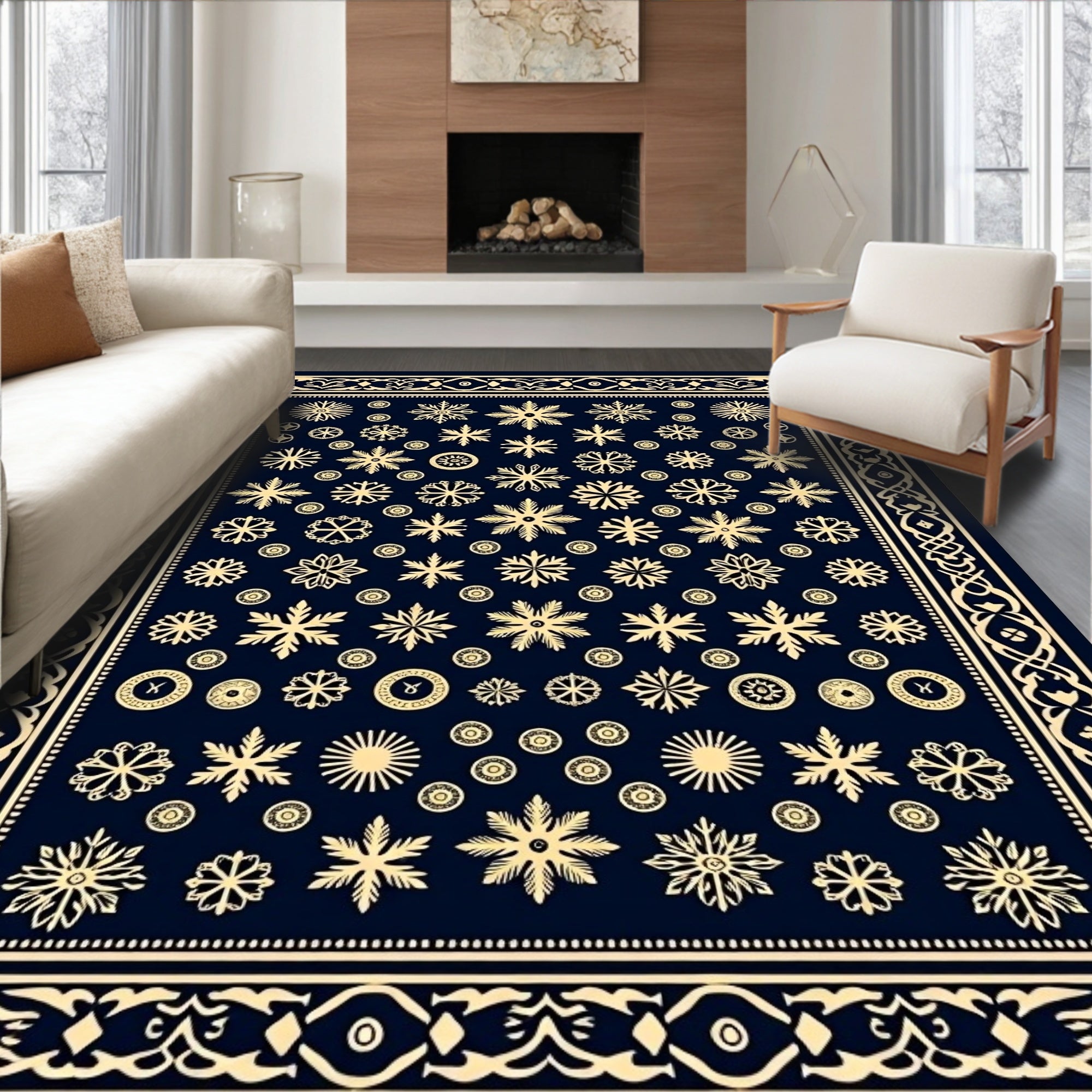 Golden Snowflake Navy Blue Border Rug