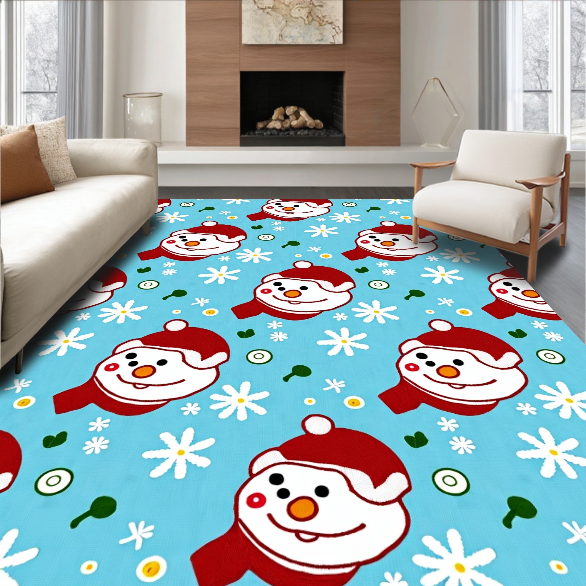 Cute Snowman Red Scarf Snowflakes Rug