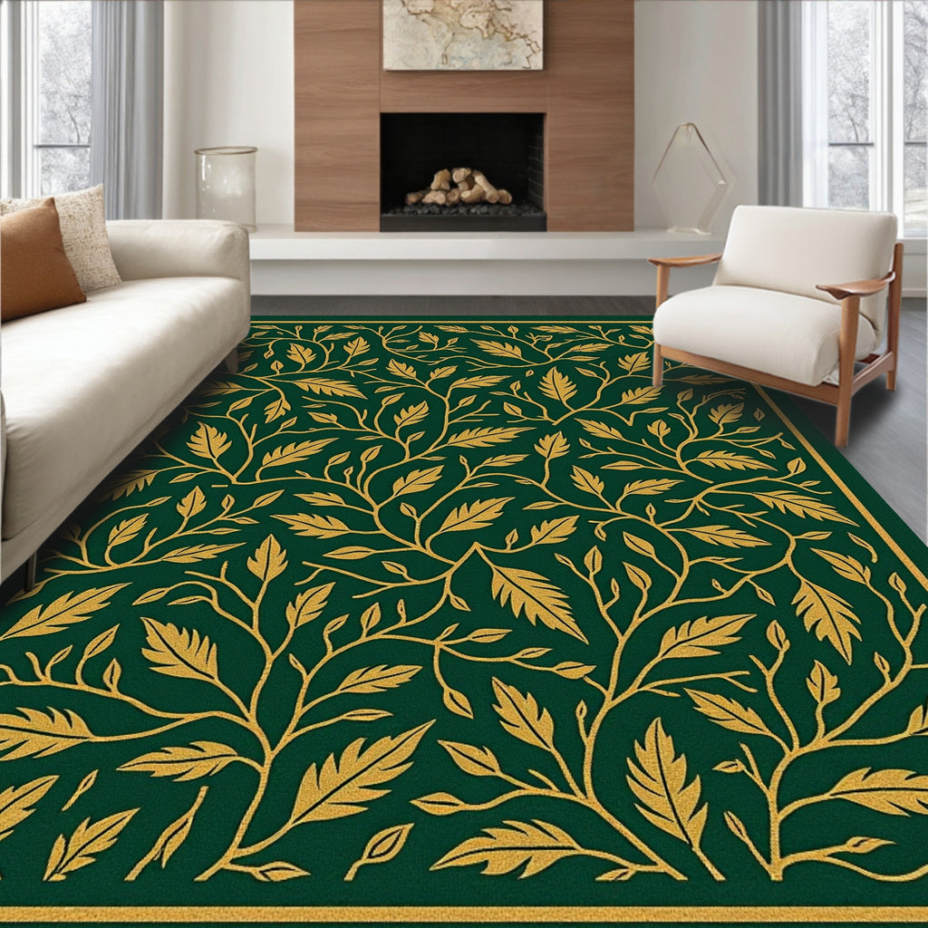Deep Emerald Gold Leaf Scroll Rug