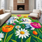Whimsical White Puppies Floral Garden Rug