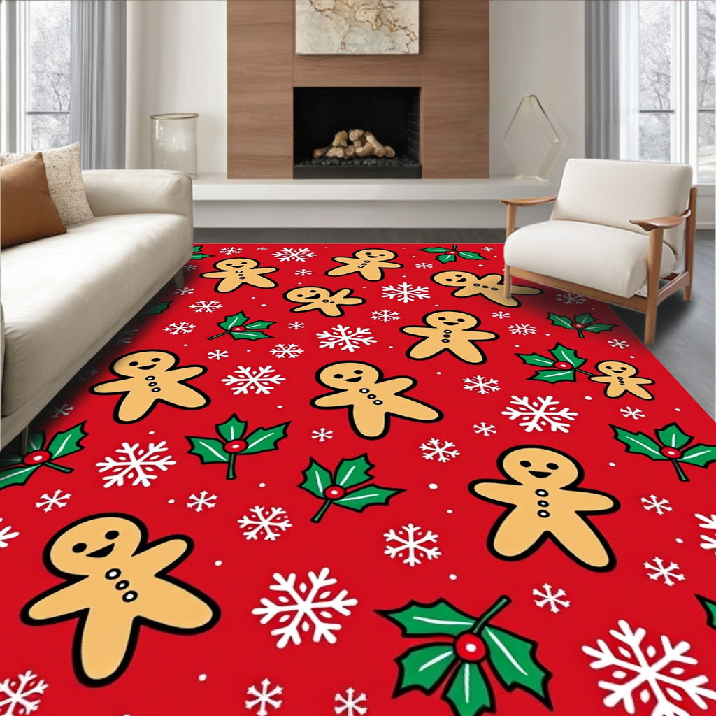 Red Gingerbread Man Snowflakes Holly Rug