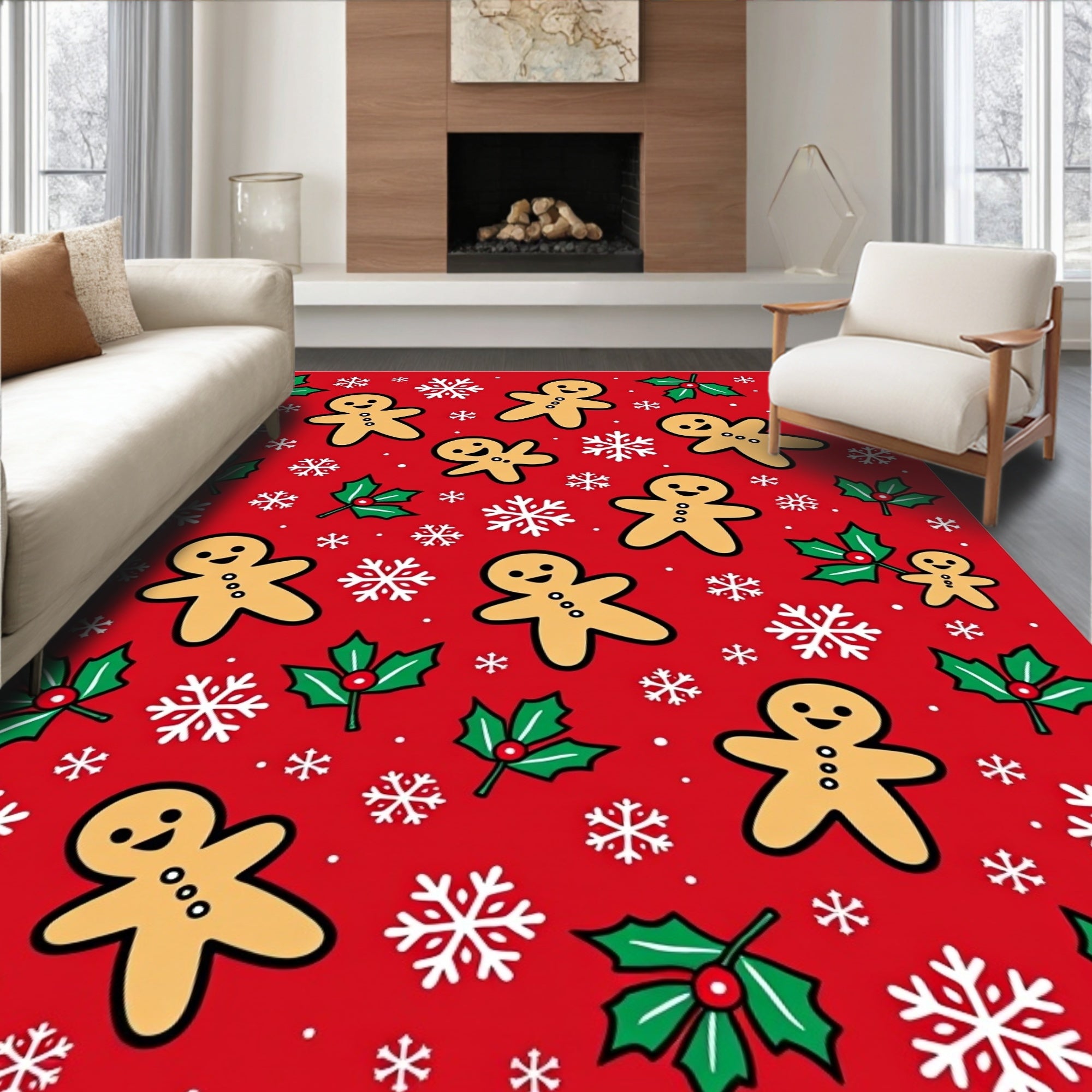 Red Gingerbread Man Snowflakes Holly Rug