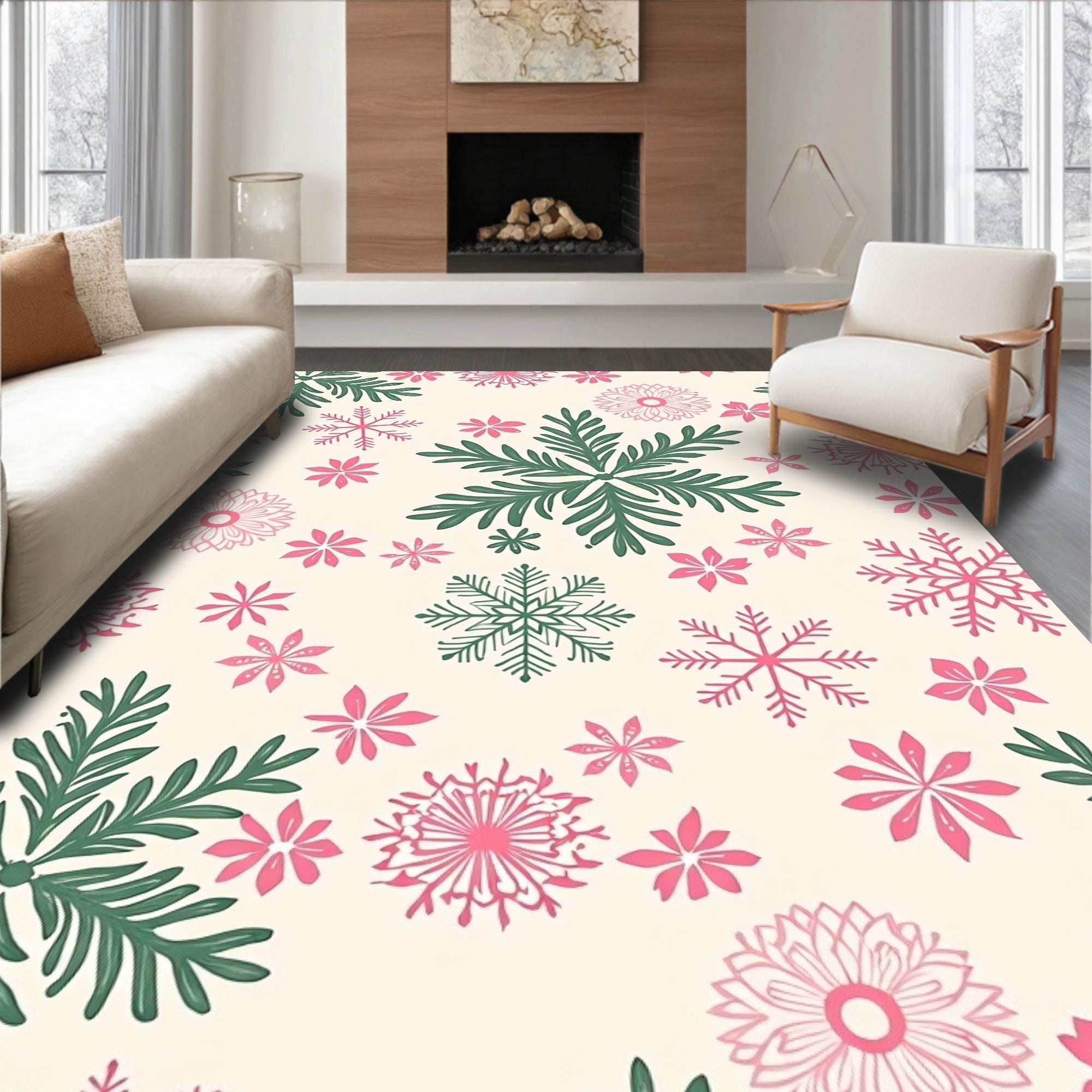 Festive Pink Green Snowflake Collage Rug