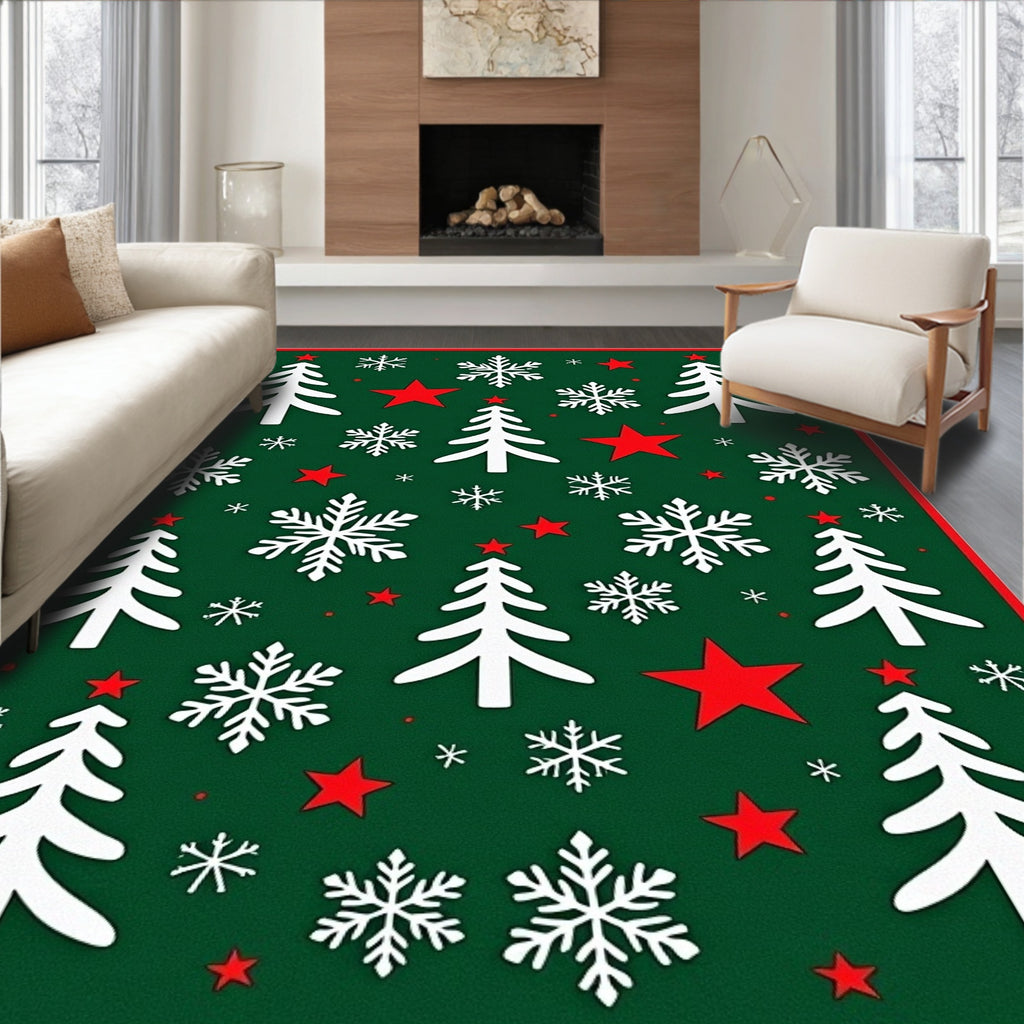 Festive Green Christmas Tree Snowflakes Stars Rug