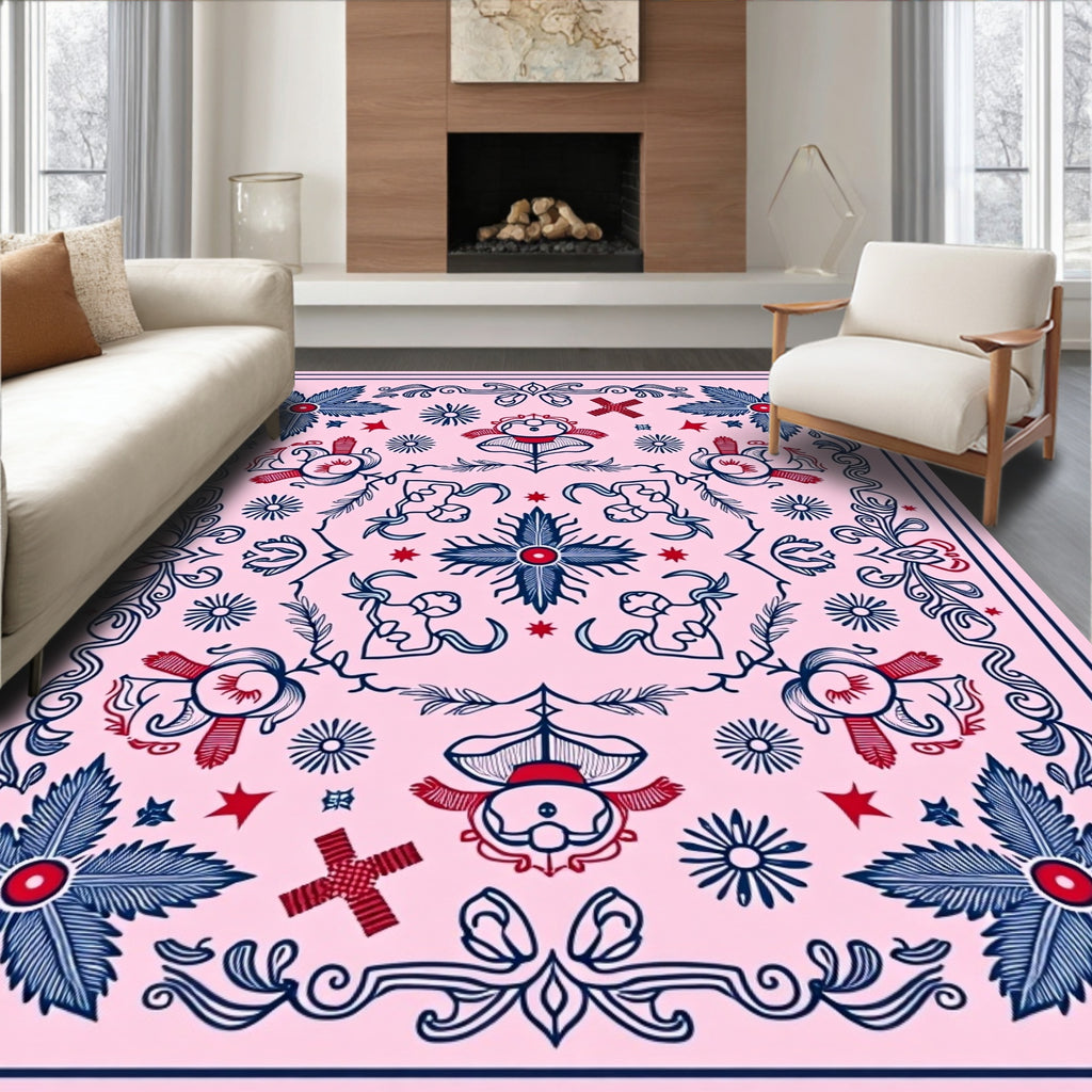 Pink Navy Red Floral Medallion Rug