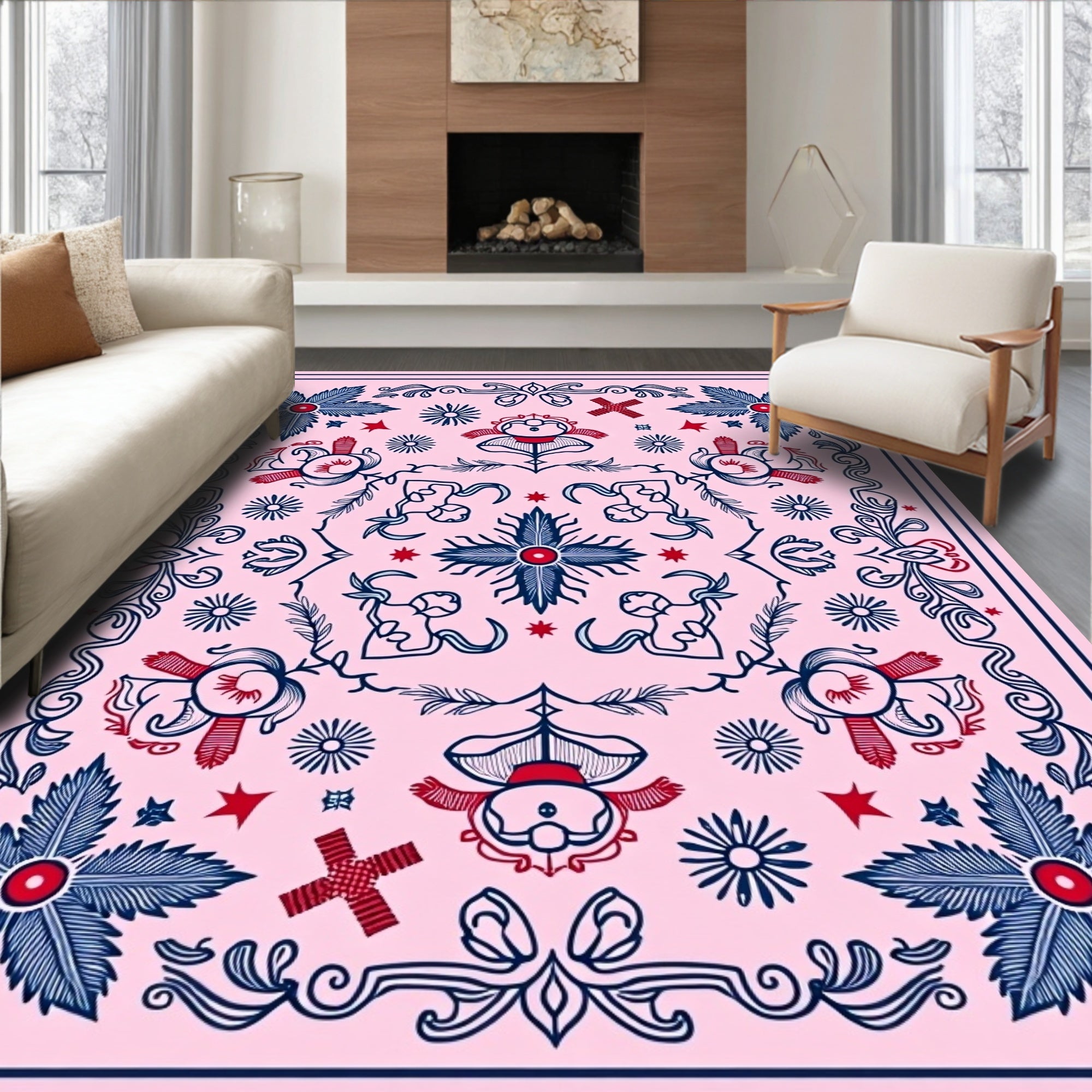 Pink Navy Red Floral Medallion Rug