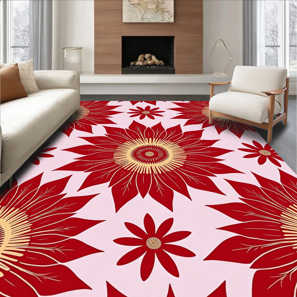 Vibrant Red Golden Sunburst Floral Rug