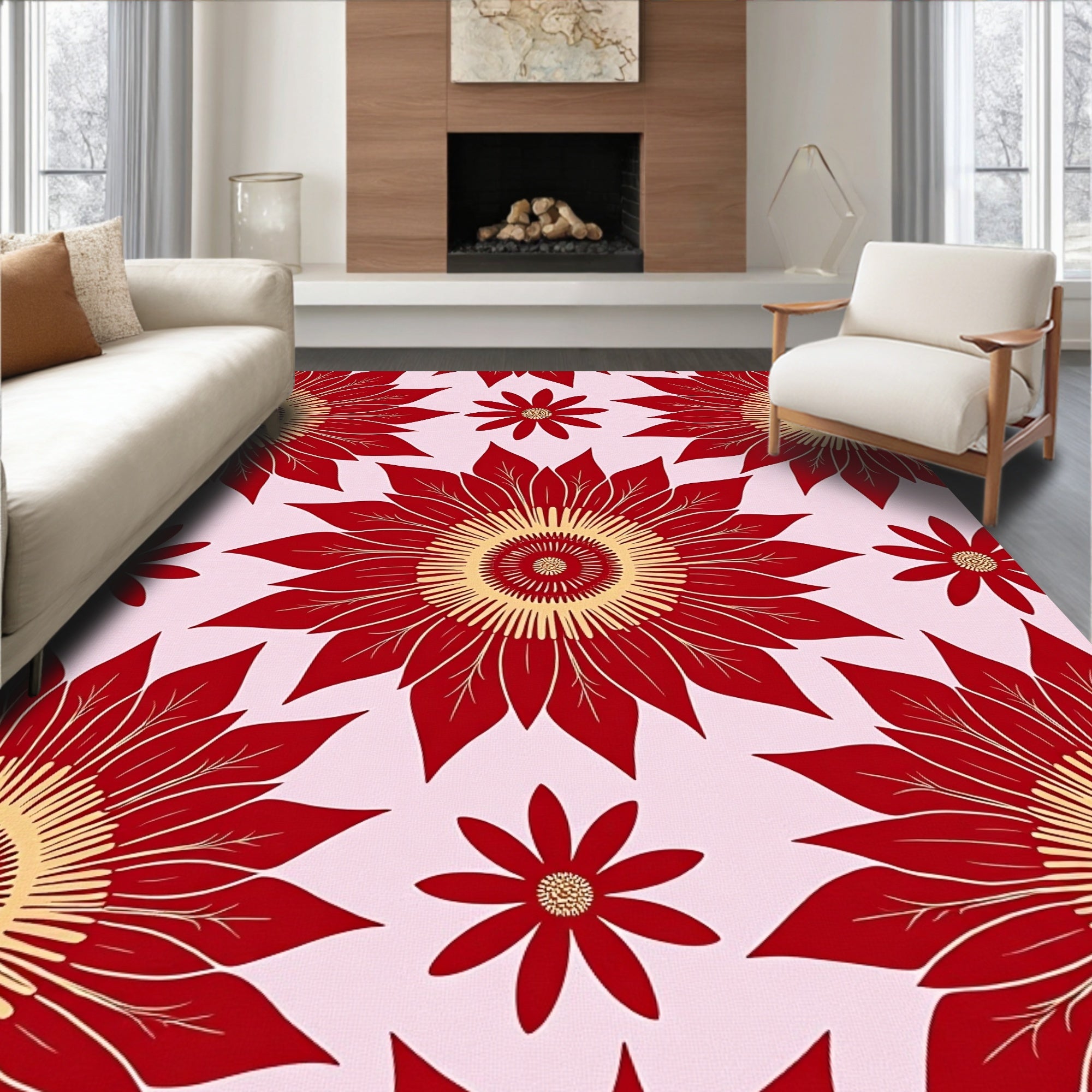 Vibrant Red Golden Sunburst Floral Rug