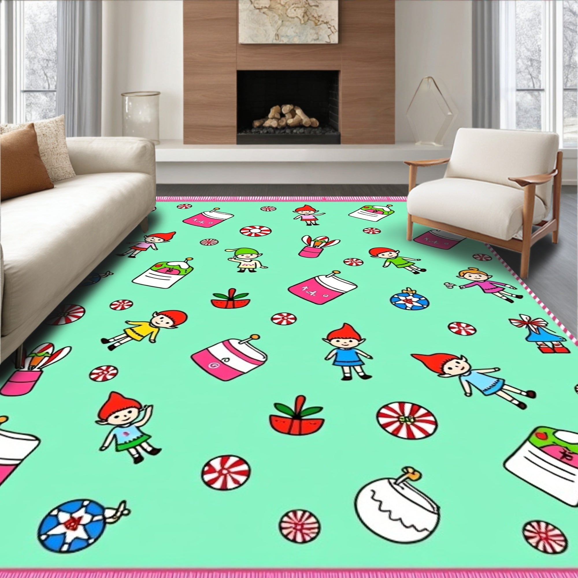 Whimsical Elf Candy Christmas Bauble Rug