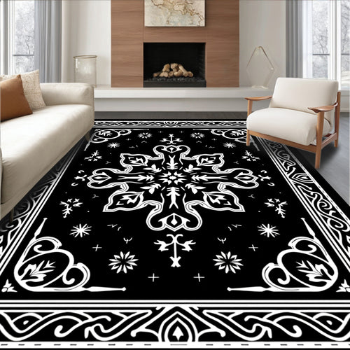 Black and White Floral Mandala Frame Rug