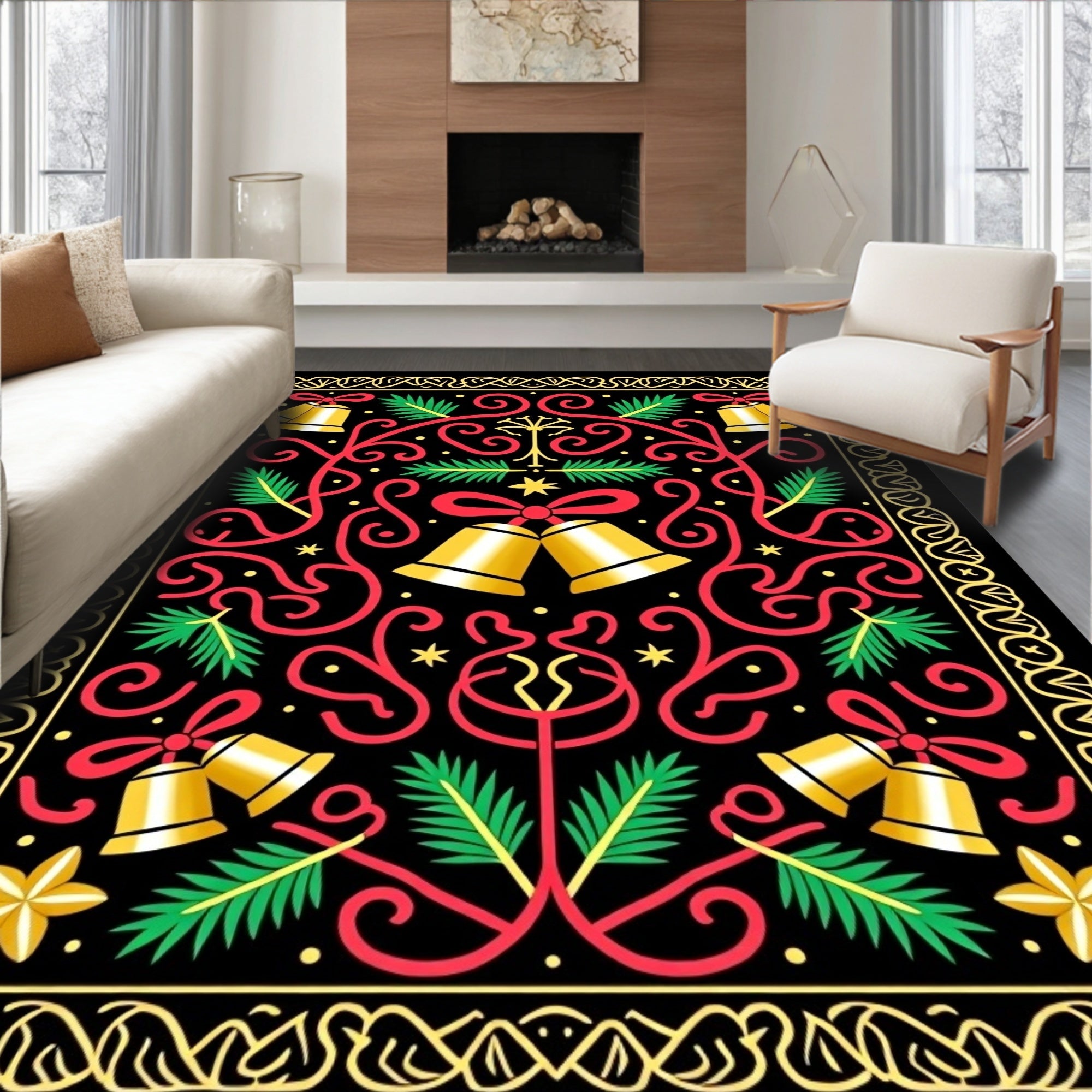 Festive Golden Bells Red Swirls Rug