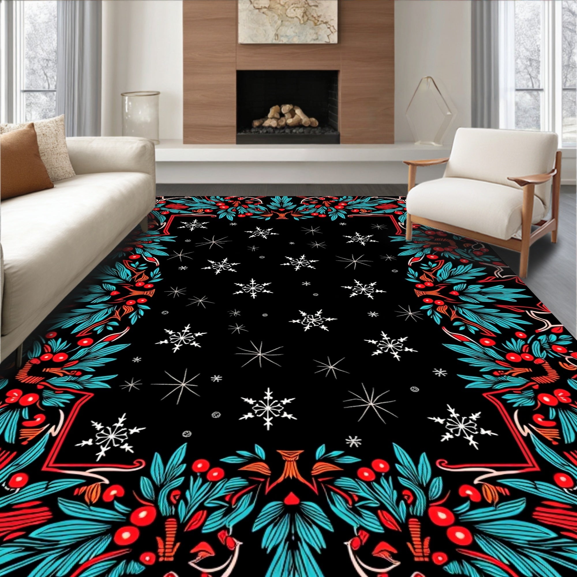 Festive Holly Berry Snowflake Frame Rug