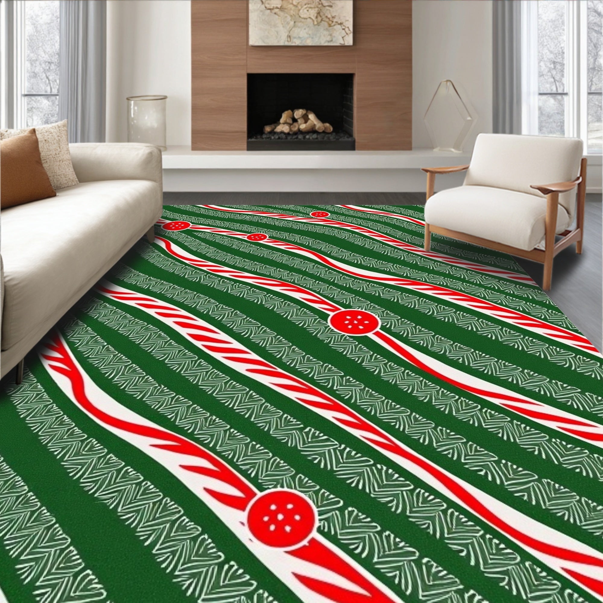 Green Red White Wavy Stripes Rug