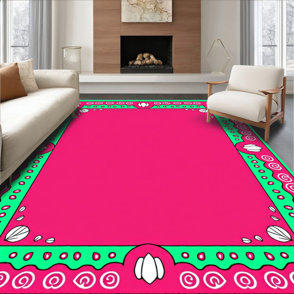 Vibrant Pink Green Shell Swirl Border Rug