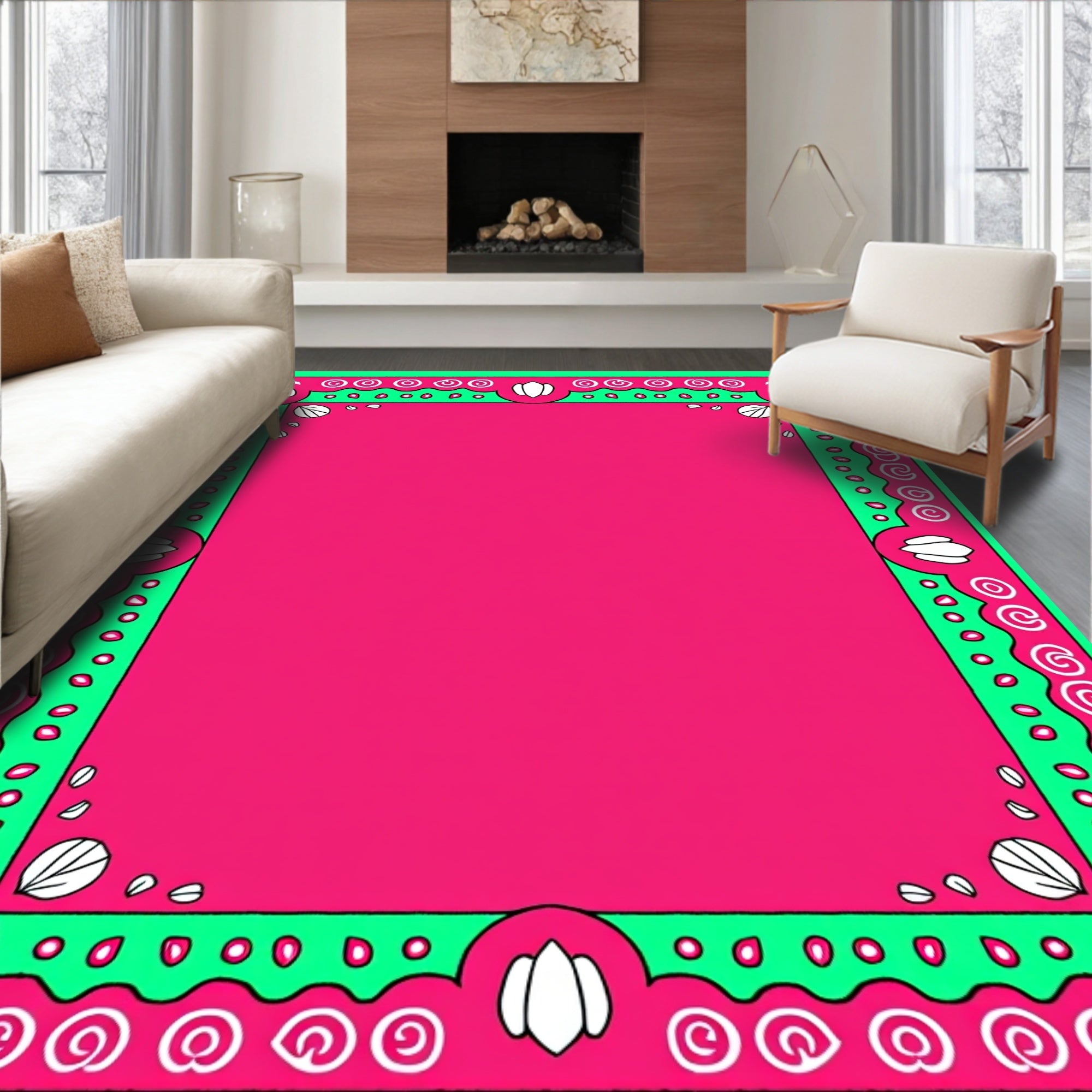 Vibrant Pink Green Shell Swirl Border Rug