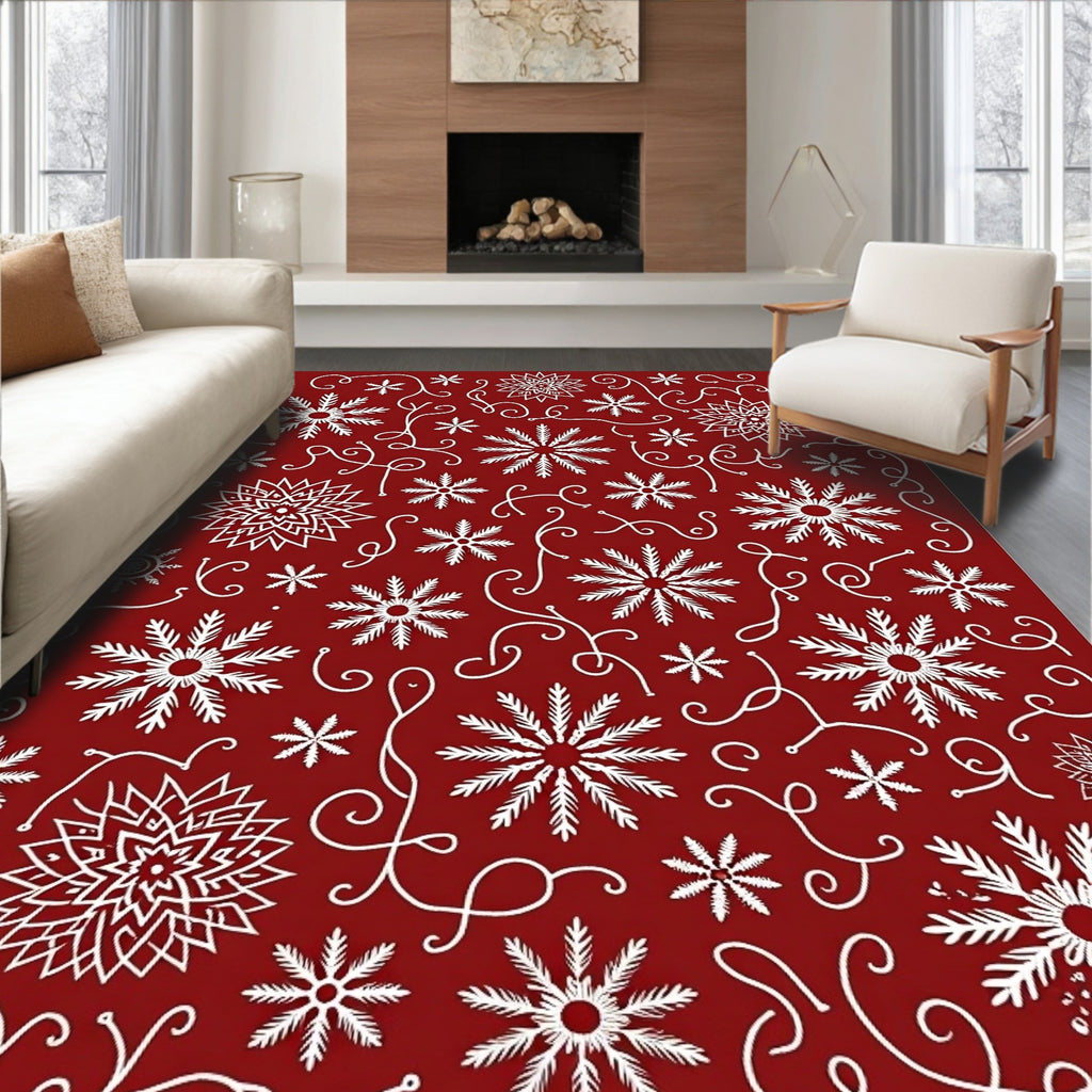 Festive Red Snowflake Swirl Rug