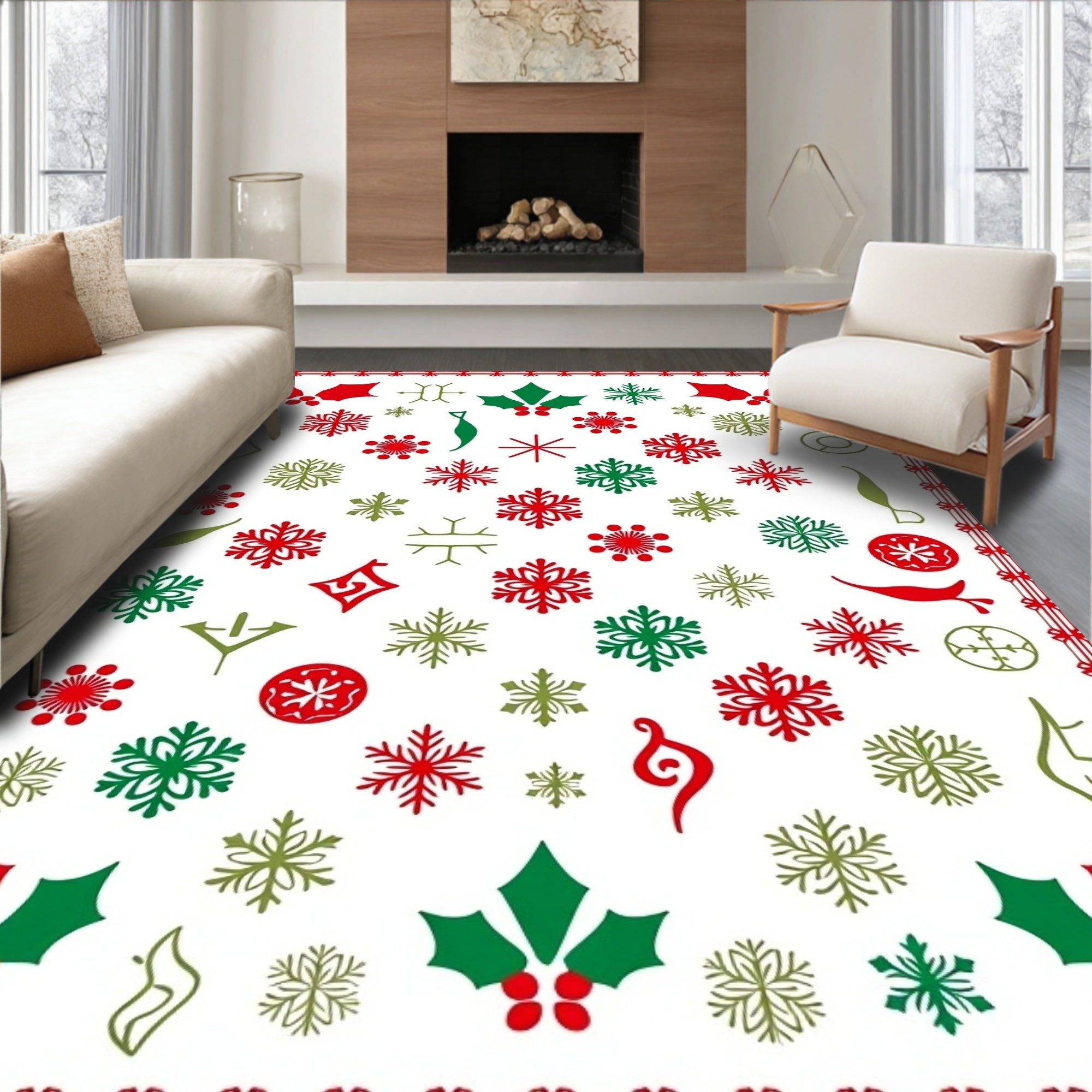 Crimson Green Snowflake Holly Medley Rug