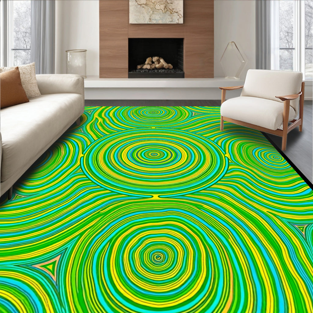 Vibrant Green Yellow Swirl Concentric Rug