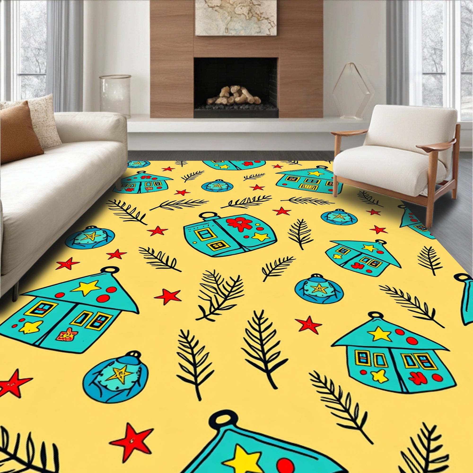 Whimsical Teal Houses Stars Branches Rug