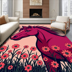 Crimson Horse Among Daisy Field Rug