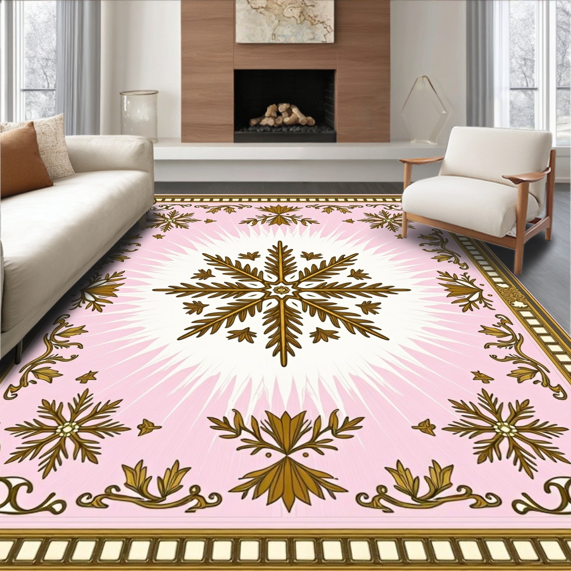 Golden Snowflake Pink Burst Rug