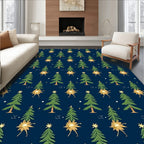 Festive Green Christmas Trees Gold Stars Rug