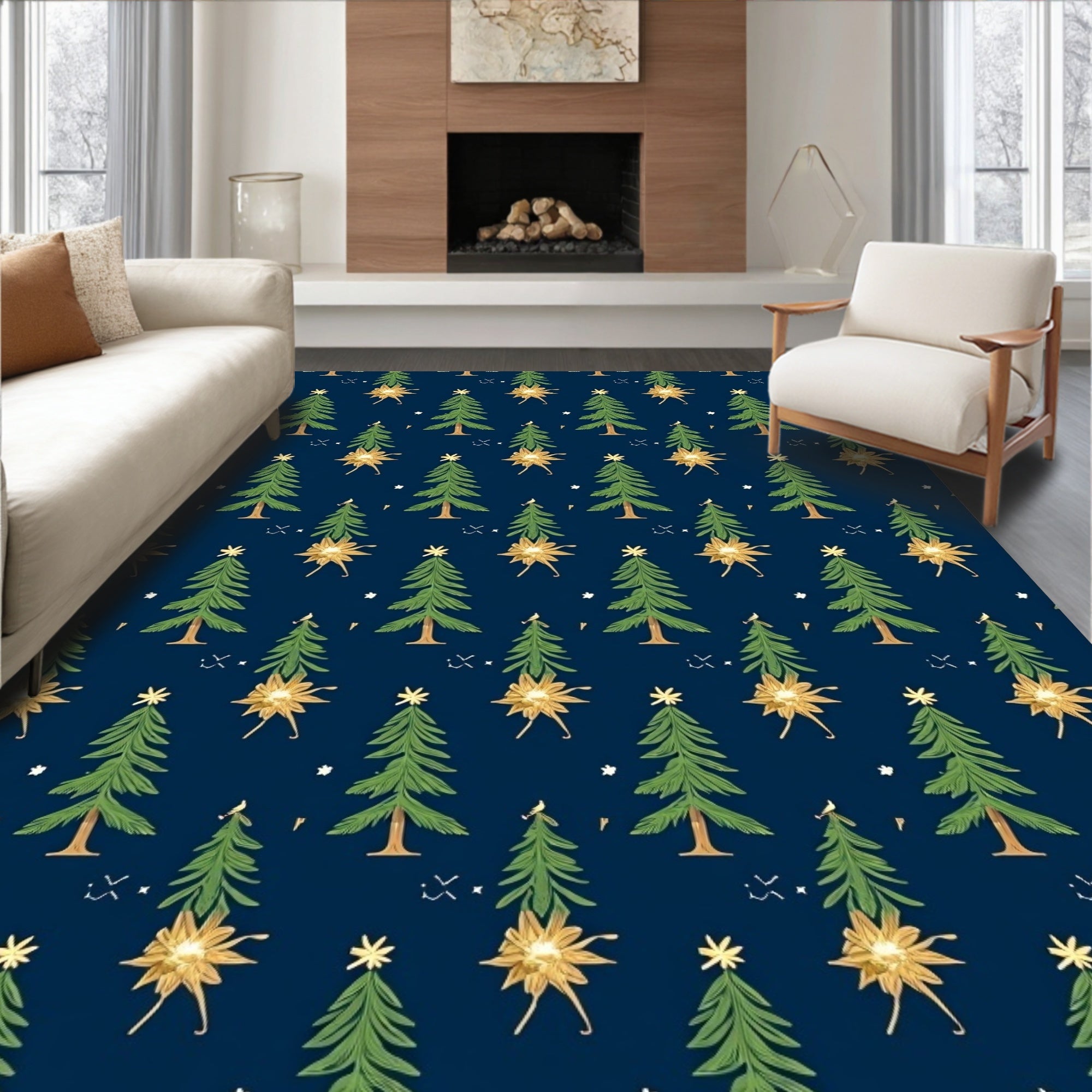 Festive Green Christmas Trees Gold Stars Rug
