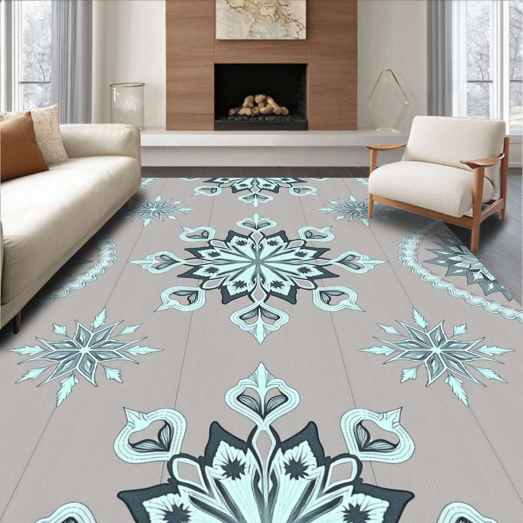 Dusty Blue Mandala Floral Arrangement Rug