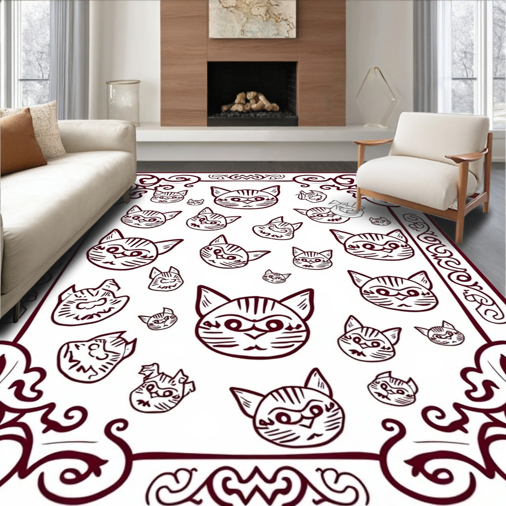 Crimson Cat Faces Scattered Borders Rug