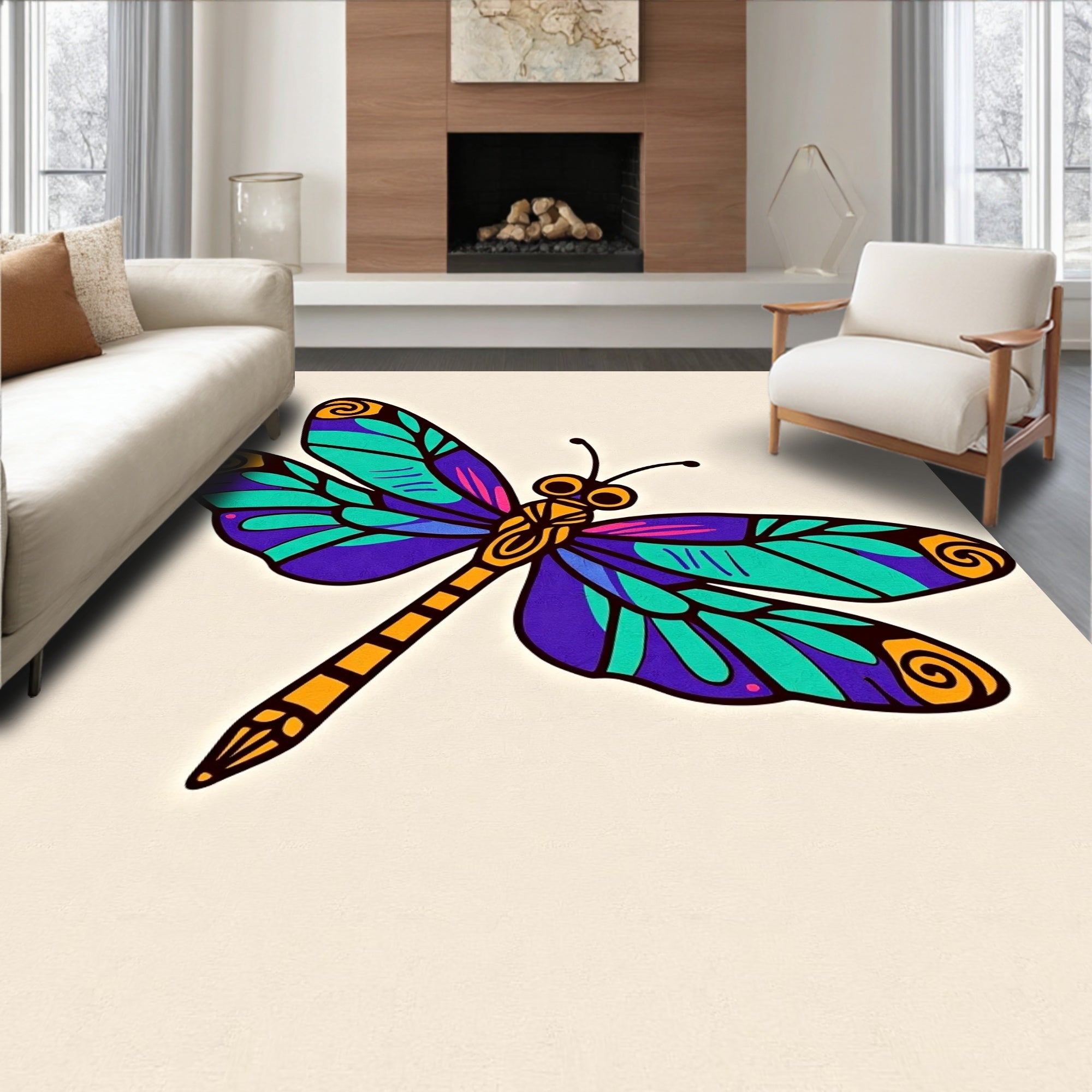 Vibrant Blue Green Dragonfly Swirl Rug