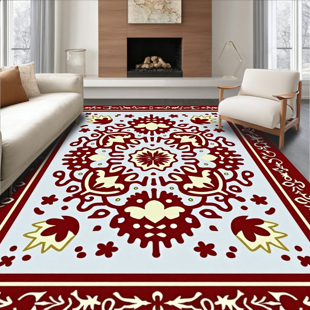 Crimson Cream Floral Medallion Bordered Rug