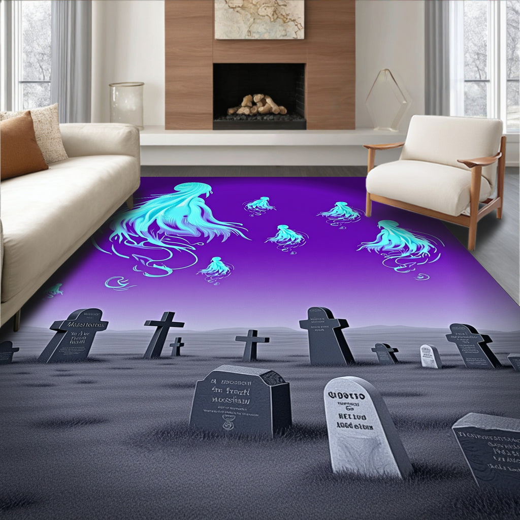 Ethereal Ghosts Cemetery Purple Sky Rug