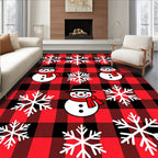 Red Black Buffalo Plaid Snowman Snowflakes Rug