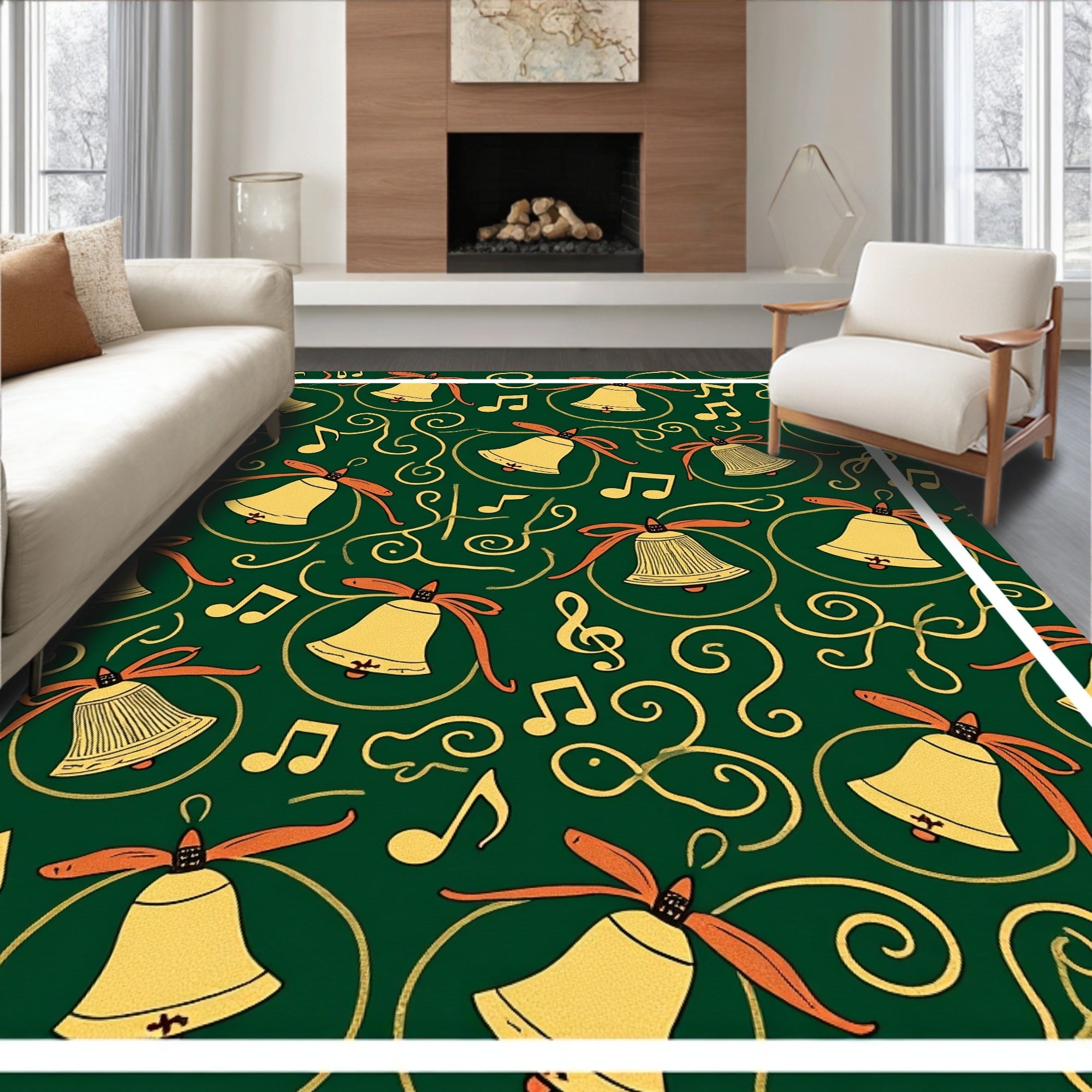 Golden Bells Musical Swirls Green Rug