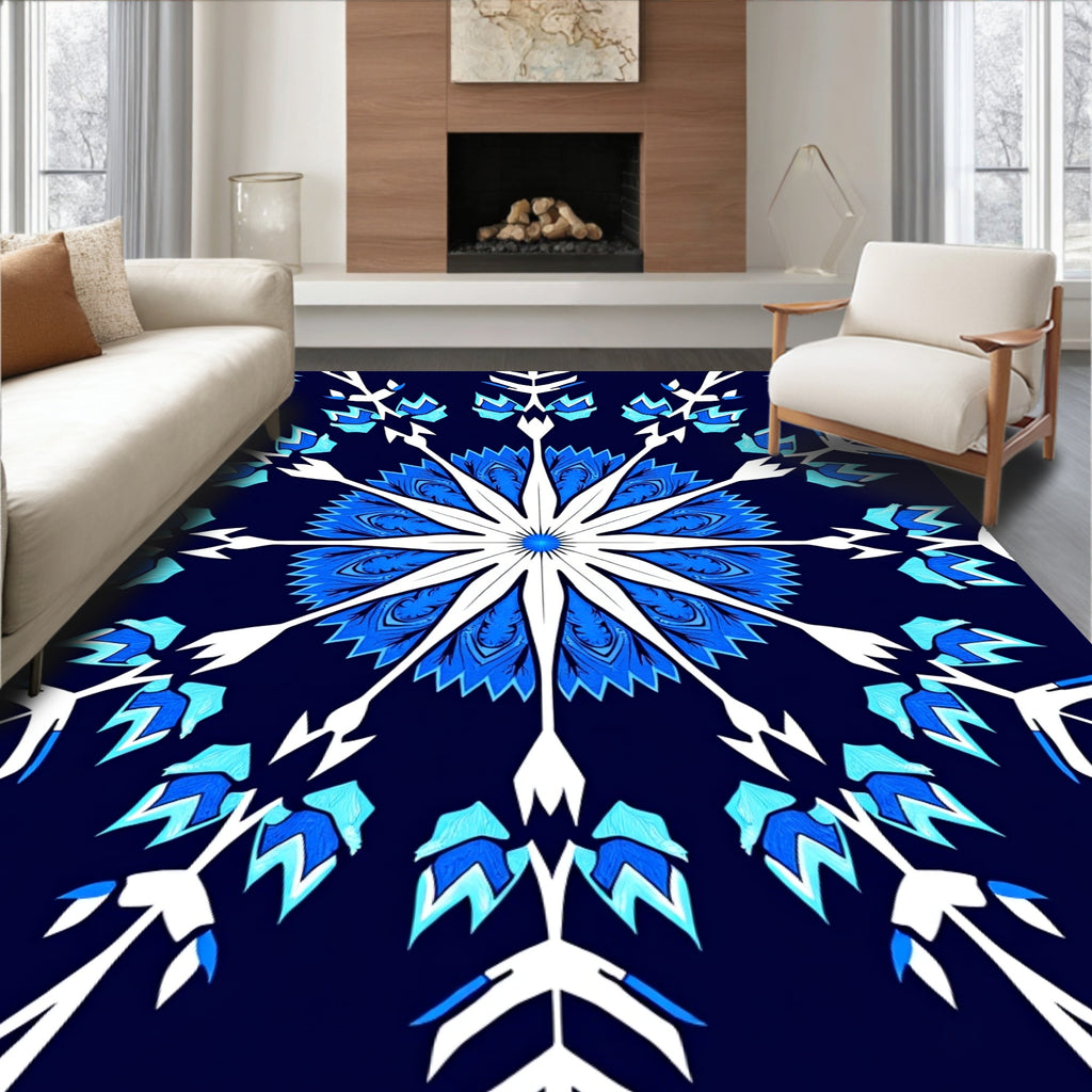 Deep Blue Snowflake Mandala Rug