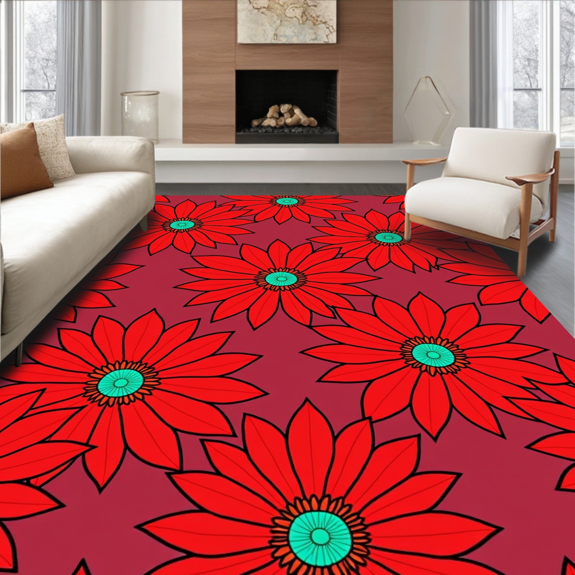 Crimson Daisy Floral Arrangement Rug