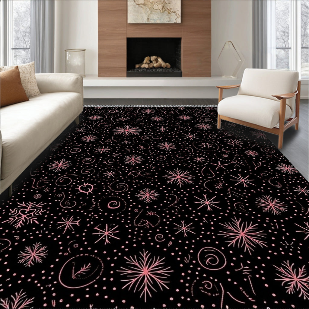 Pink Snowflake Scatter Black Cosmic Rug