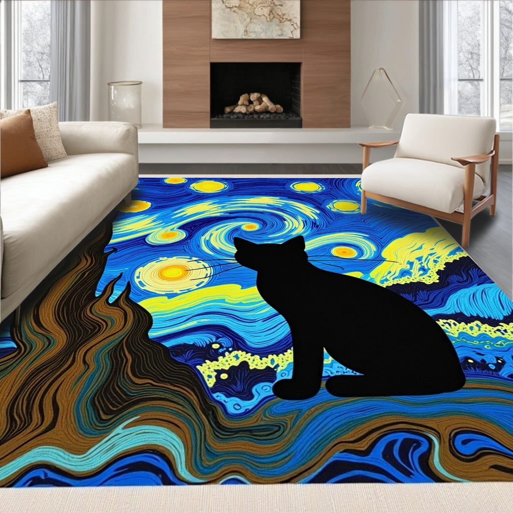 Midnight Black Cat Starry Night Swirls Rug