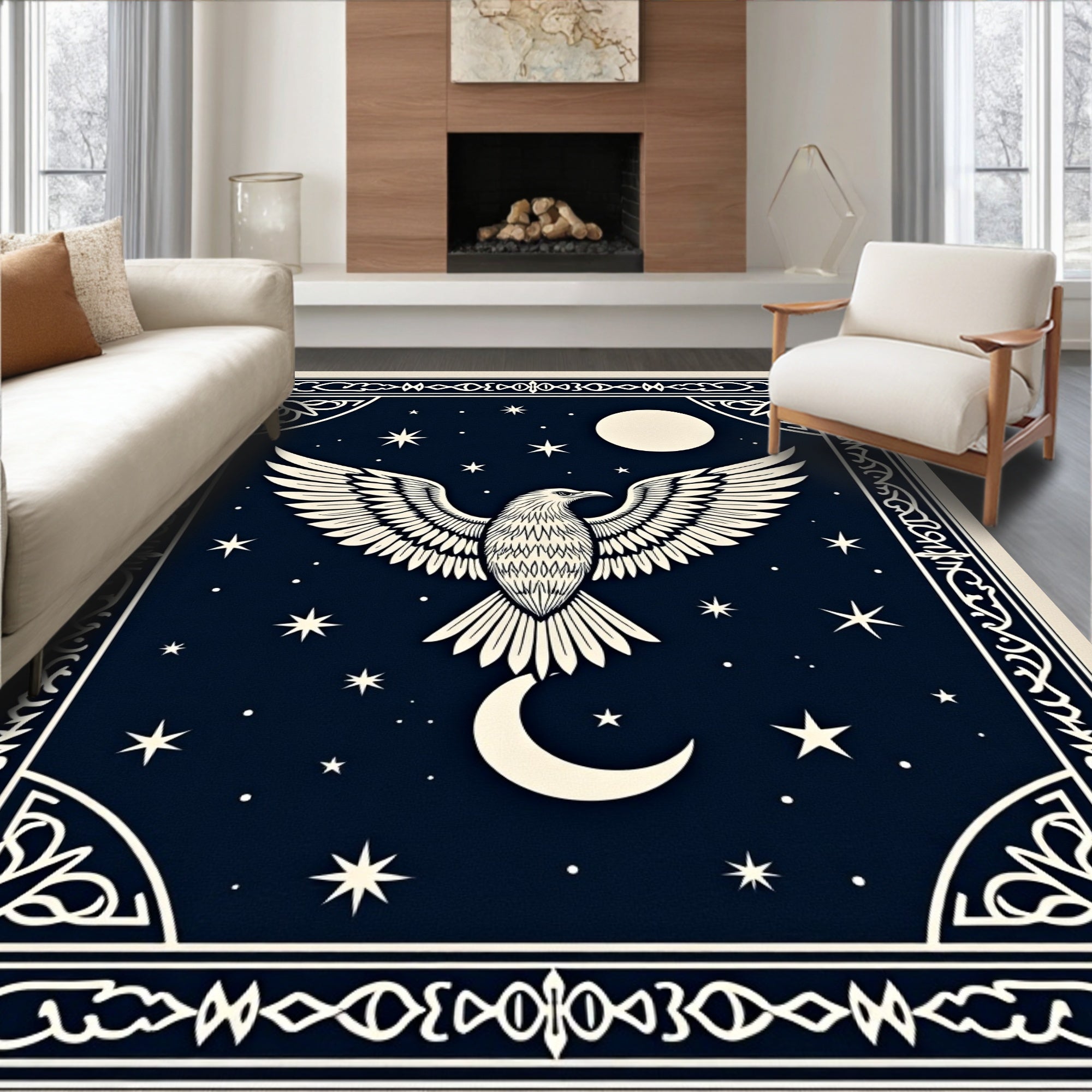 Midnight Eagle Moon Stars Border Rug