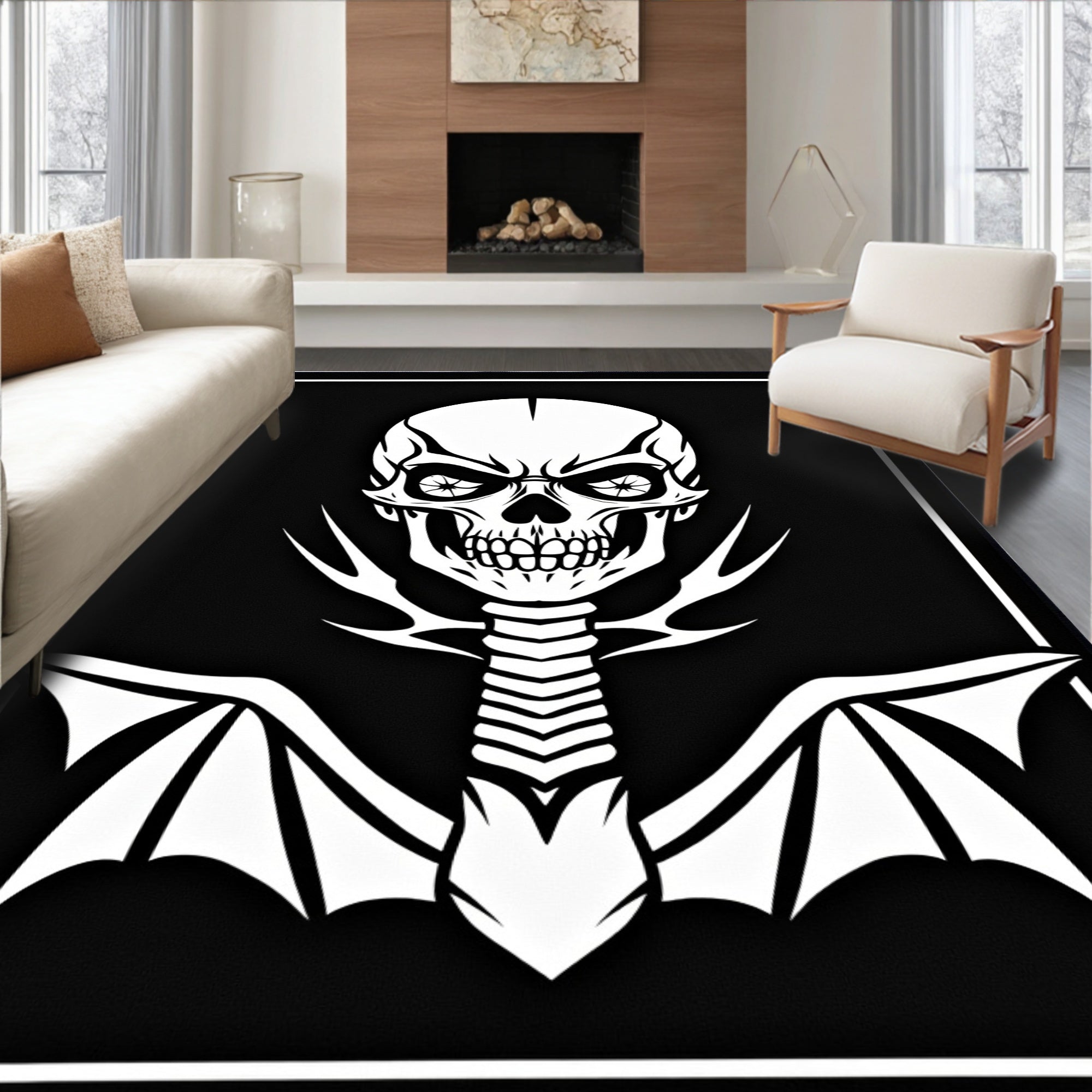 Monochromatic Fierce Skull Bat Wings Rug