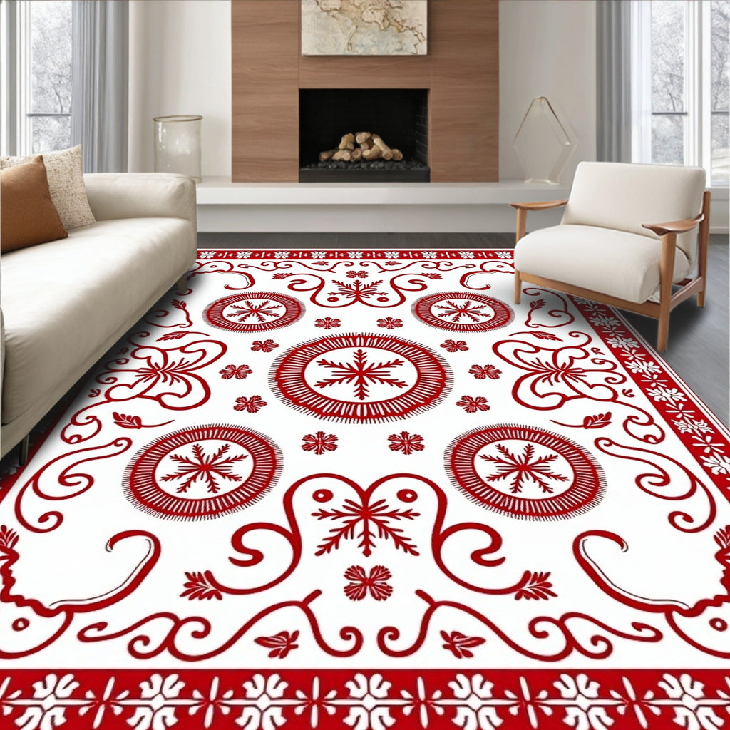 Red White Folk Snowflake Medallion Rug