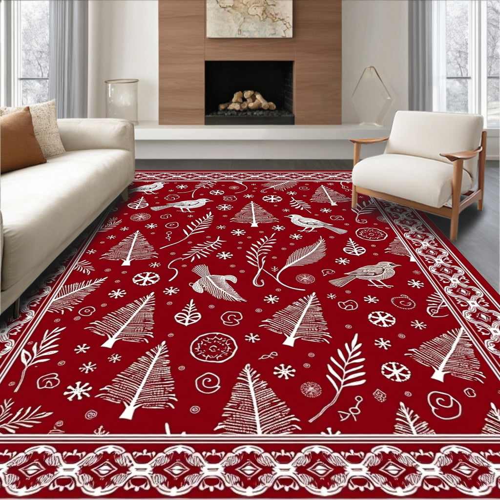 Crimson Red Winter Bird Tree Snowflakes Rug