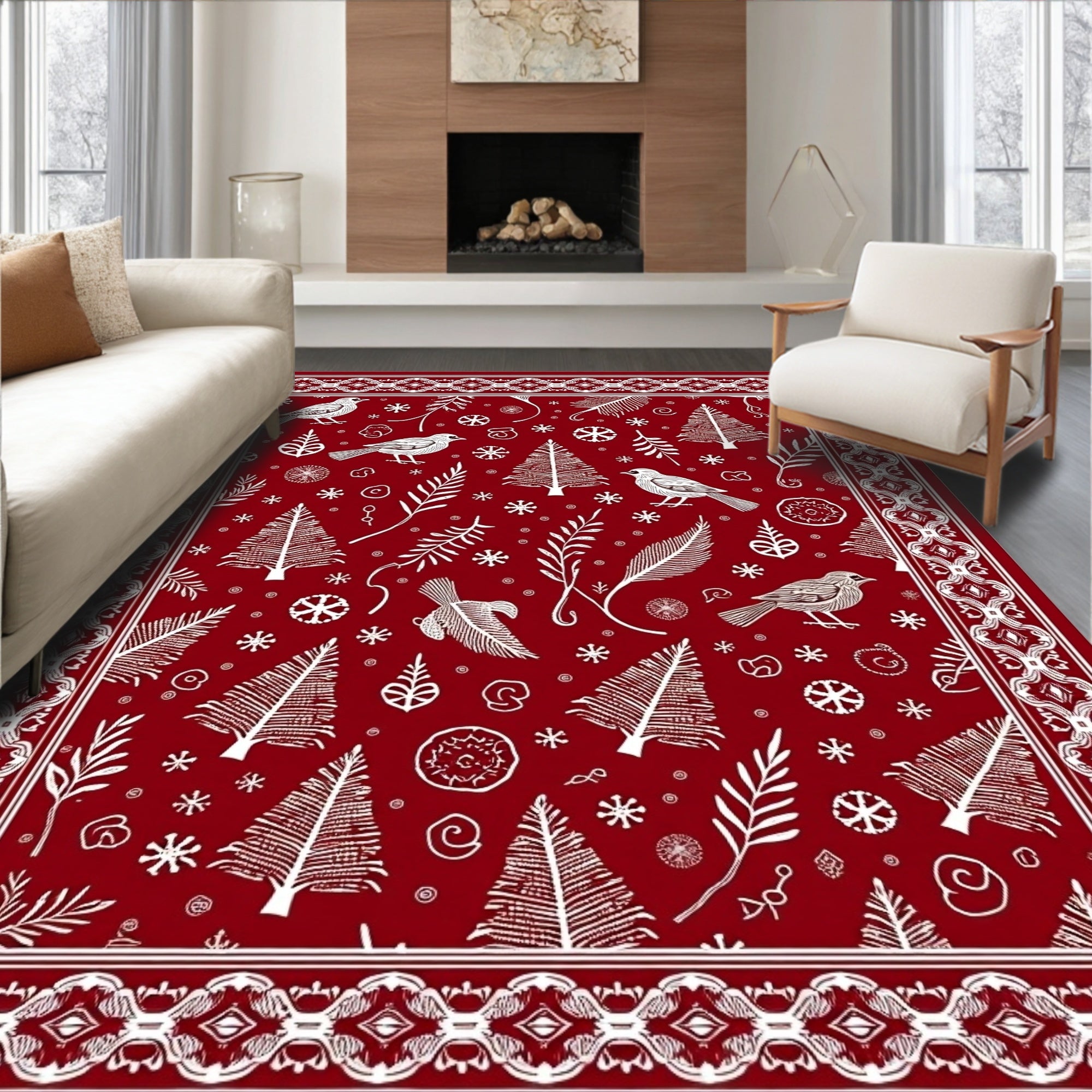 Crimson Red Winter Bird Tree Snowflakes Rug