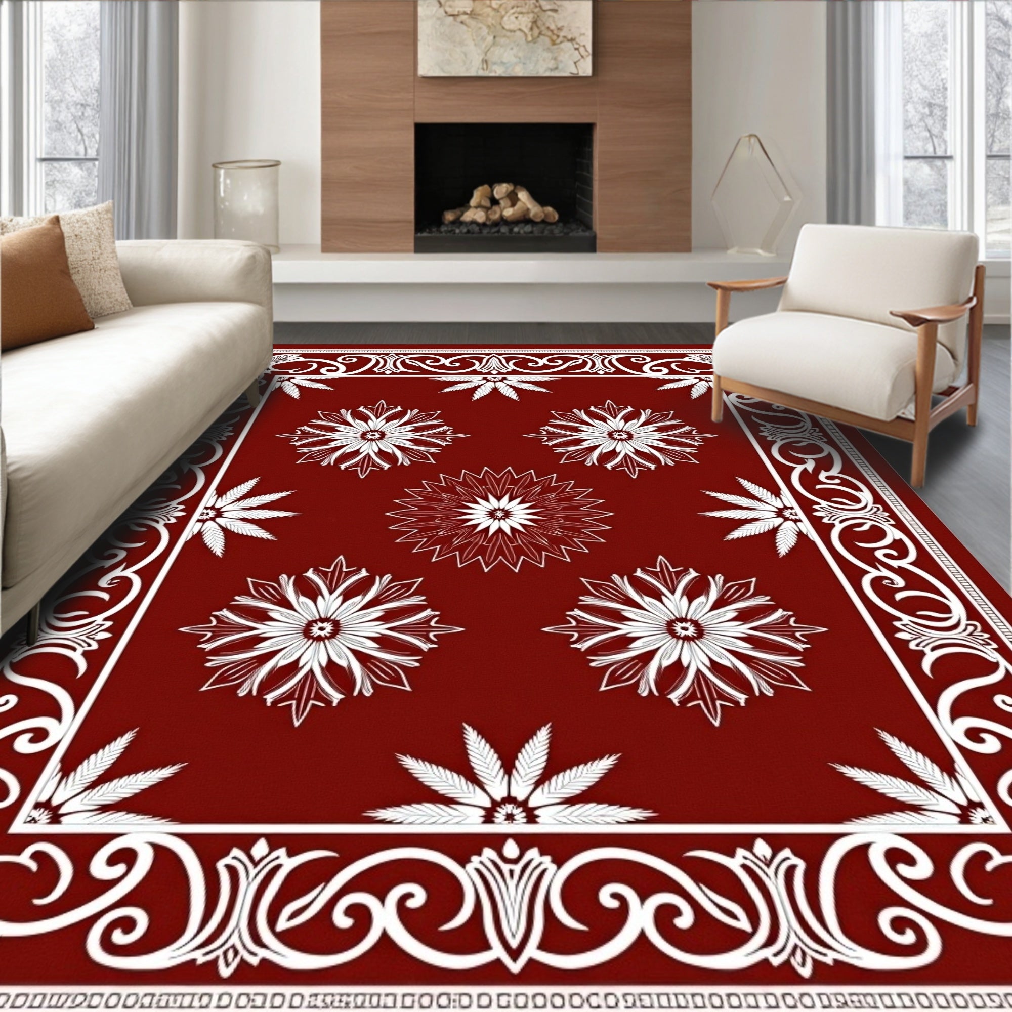 Ornate Scarlet Floral Arrangement Rug