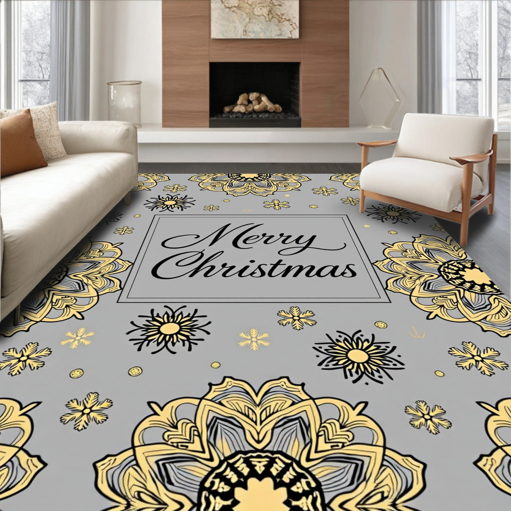 Winter Mandala Snowflakes Gold Gray Rug