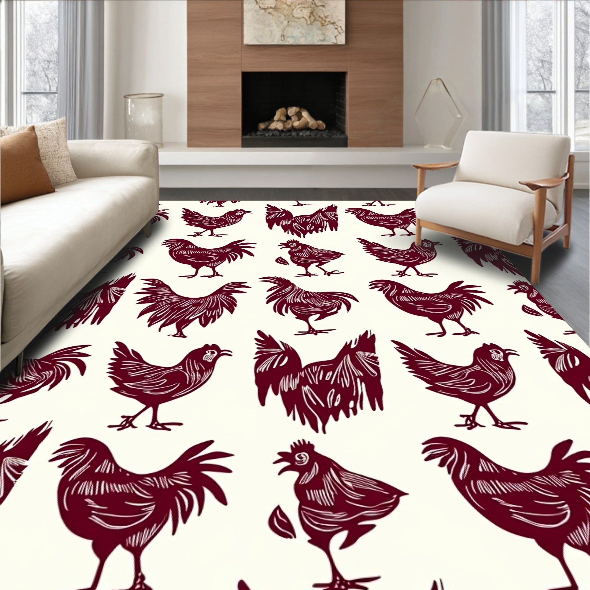 Deep Red Rooster Chicken Flock Rug
