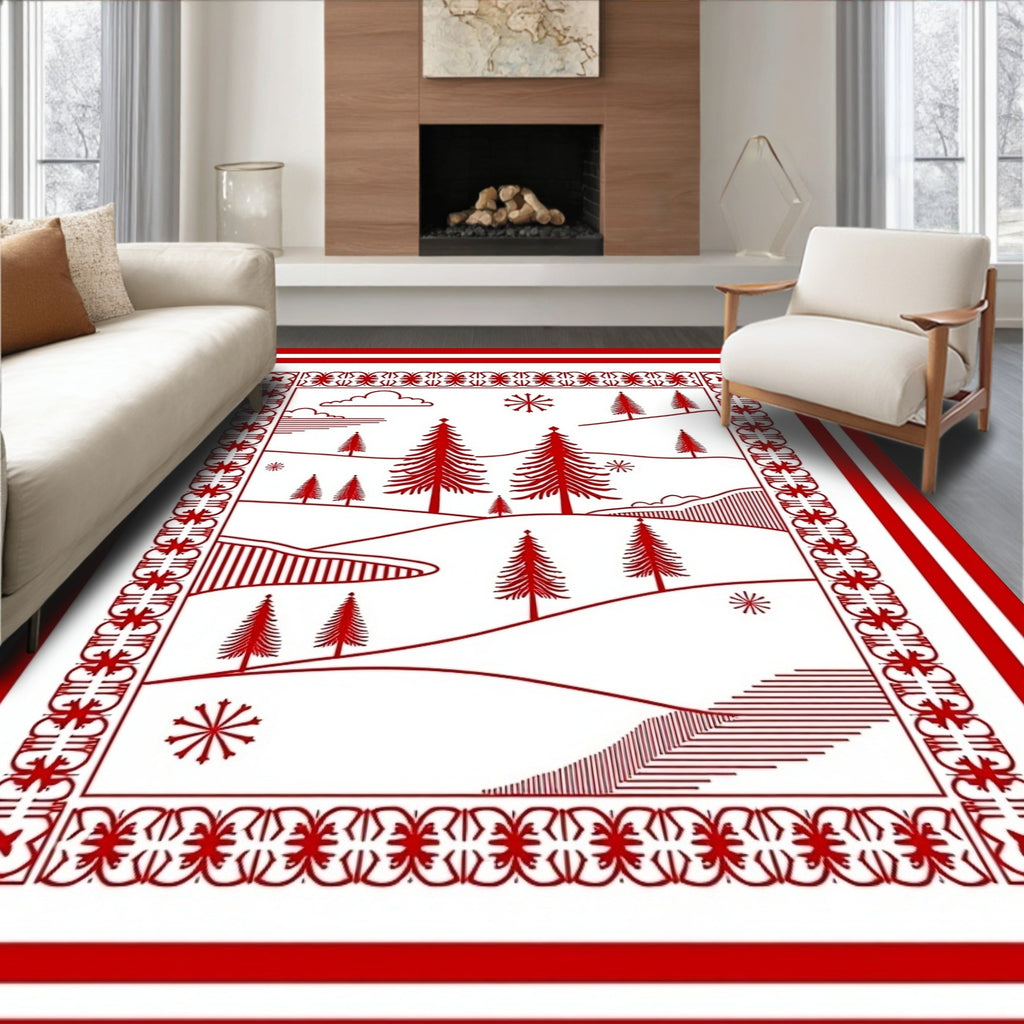 Crimson Winter Forest Landscape Rug