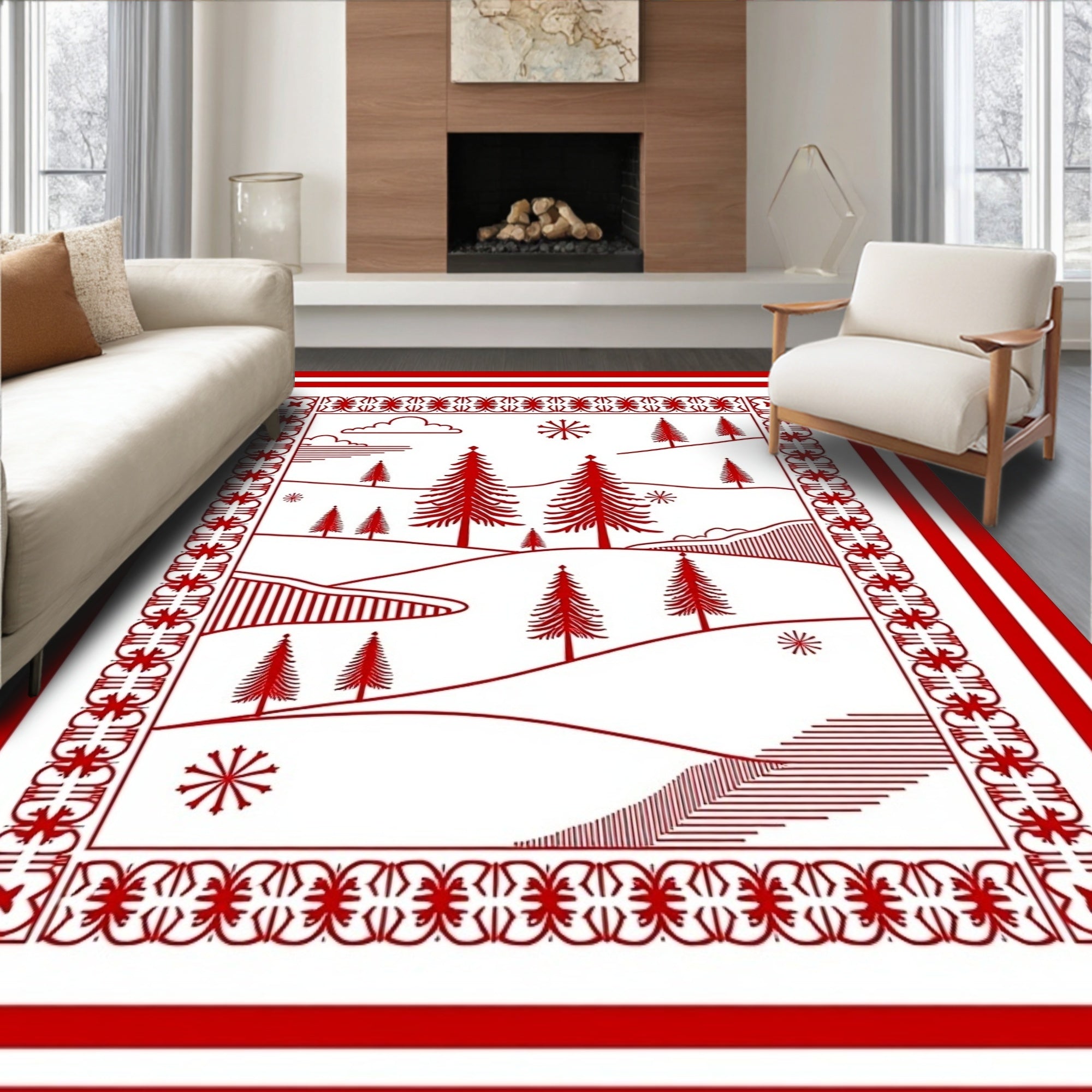 Crimson Winter Forest Landscape Rug